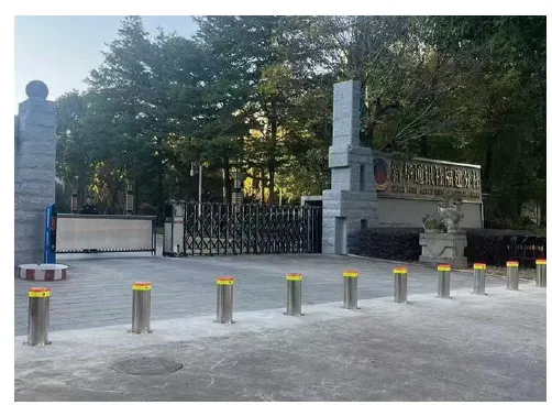 Rising and fixed bollards at a gated community entrance